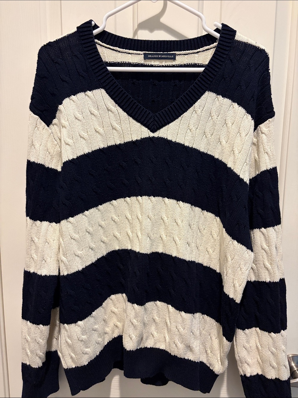 Brandy Melville Navy & White Striped Cable Knit V-Neck Sweater